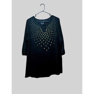 Just My Size Black Womens 2X  Glitter Gold Dots 3/4 Sleeve Keyhole Neck Tunic